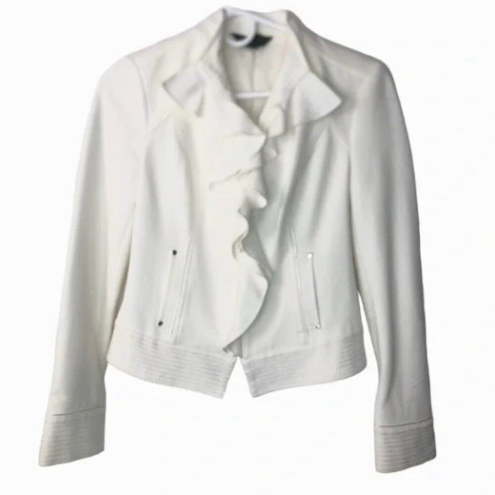 White House Black Market Women's Ruffle Front Moto Jacket White Size 4